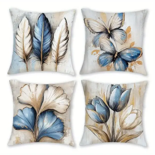 Blue Gold Feather & Floral Print Pillow Covers